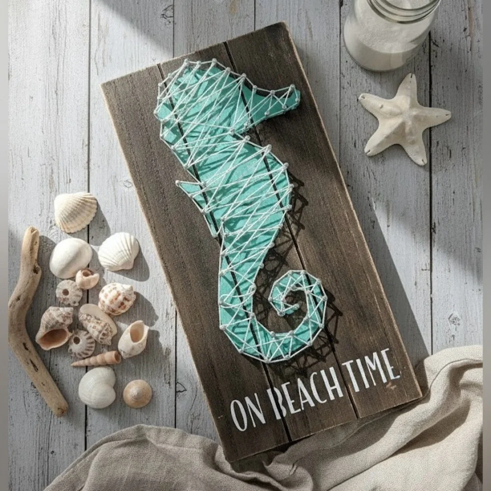 Coastal Seahorse String Wall Art Wood Sign - On Beach Time Decor Rustic Nautical